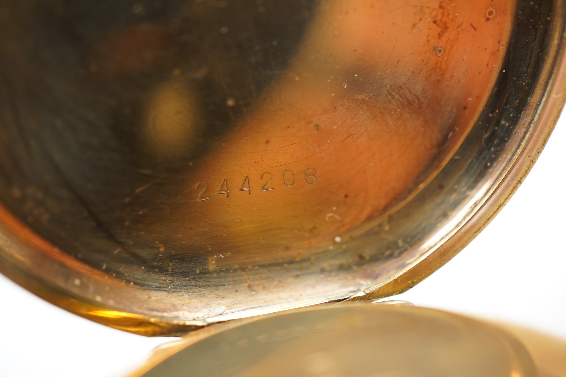 A gold plated Vertex hunter pocket watch and a George V silver mounted glass desk timepiece, with pig finial, height 95mm. Condition - poor.